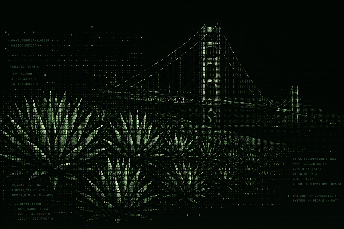 ASCII-style composite of agave fields in Jalisco and the Golden Gate Bridge.